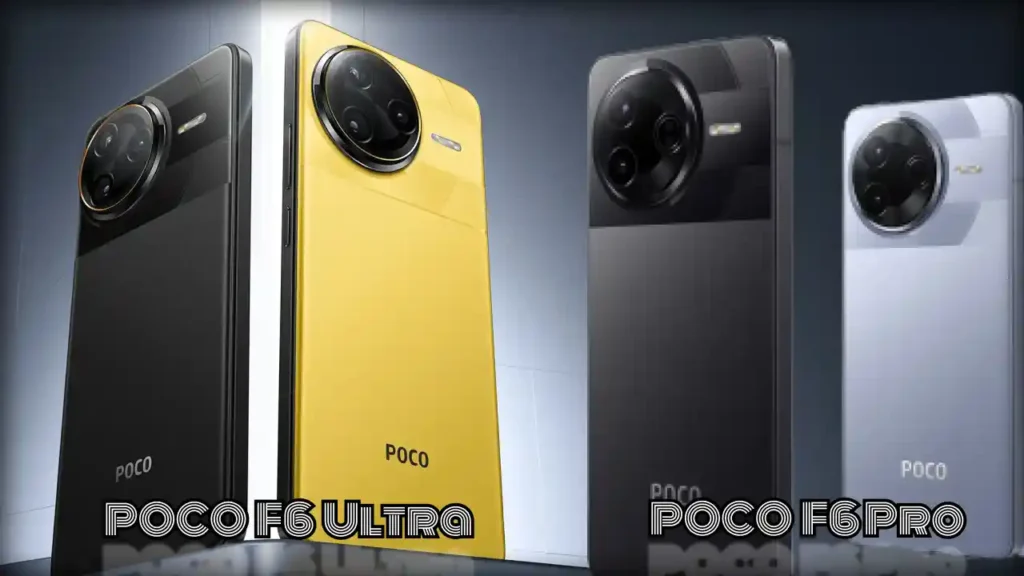 Close-up of Poco F7 Ultra in yellow and Poco F7 Pro in black showcasing their sleek design and circular camera modules